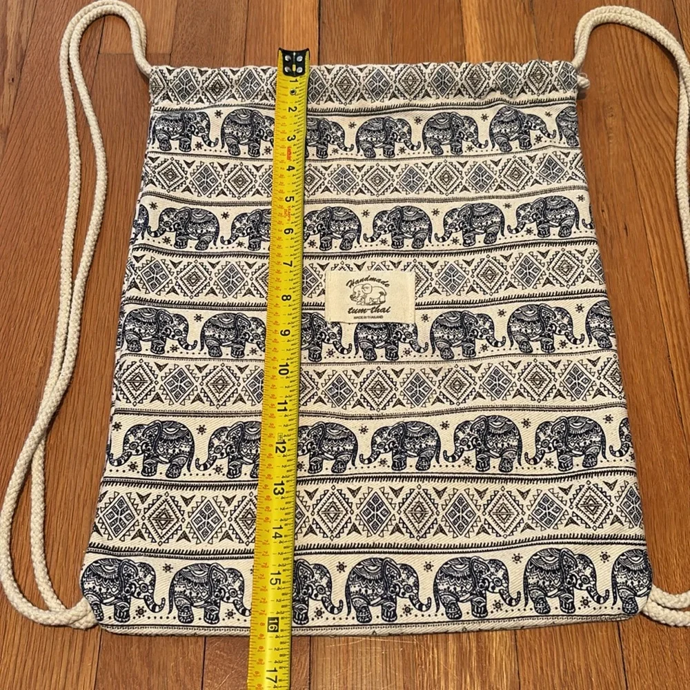 Handmade tum-thai canvas elephant print backpack with rope shoulder straps